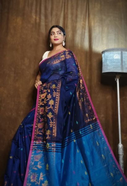 Dark Blue Silk Cotton Handloom Saree From Bengal