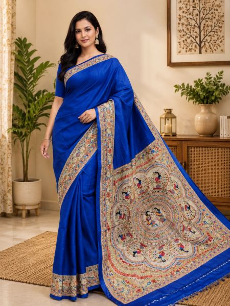 Blue Madhubani Pure Handloom Tassar Silk Saree for Women