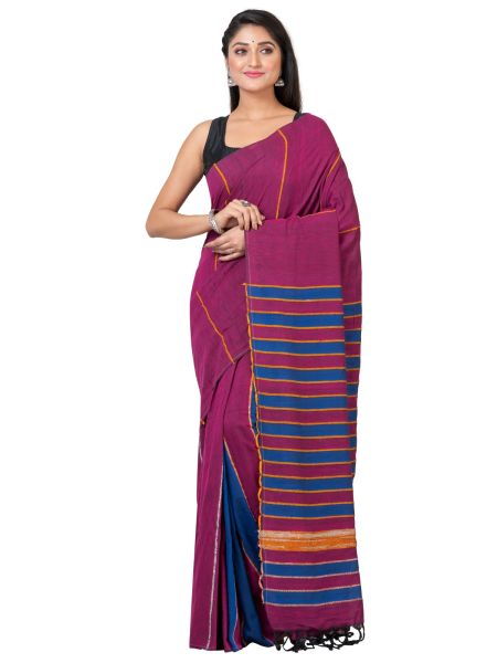 Maroon Pure Handloom Khesh Cotton Saree From Bengal