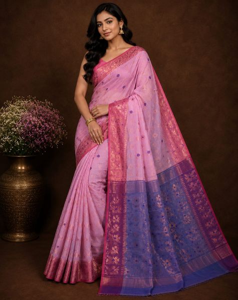 Dark Onion pink Pure Handloom Dhakai Jamdani Saree From Bengal