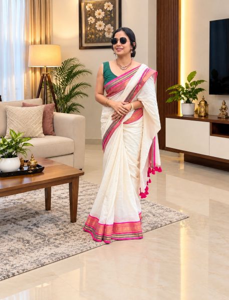 White Pure Handloom Mulmul Cotton Saree From Bengal