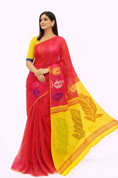 Elegant Red Handloom Silk Cotton Saree with Yellow Leaf Motif & Blouse