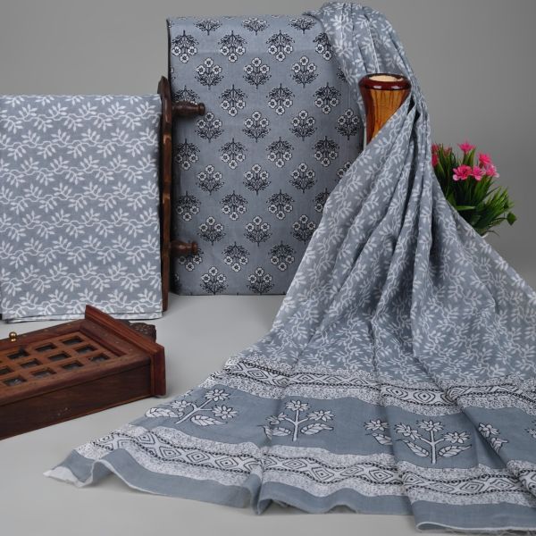 Mid Grey Handloom Suit With Cotton Dupatta