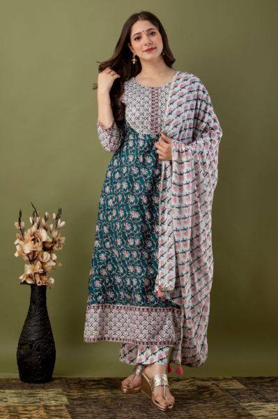 White Navy Blue Printed Cotton Embroidery Kurti With Pant And Mulmul Dupatta