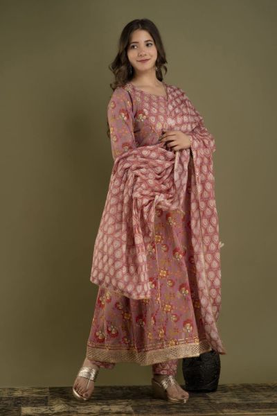 Pink Printed Cotton Embroidery Kurti With Pant And Mulmul Dupatta