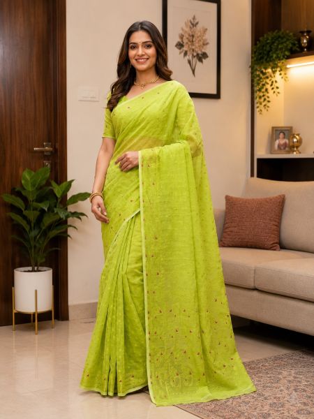 Parrot Green Pure Handloom Dhakai Jamdani Saree From Bengal