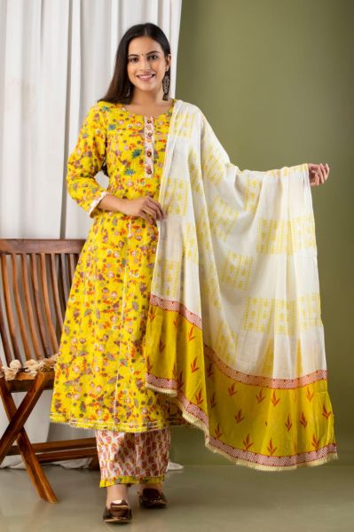 Yellow Printed Cotton Embroidery Kurti With Pant And Mulmul Dupatta