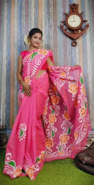 Pink Hand Printed Pure Handloom Resham Kota Saree