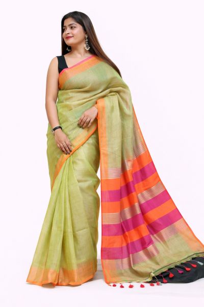 Mehandi Green Pure Handloom Tissue Silk Cotton Saree From Bengal