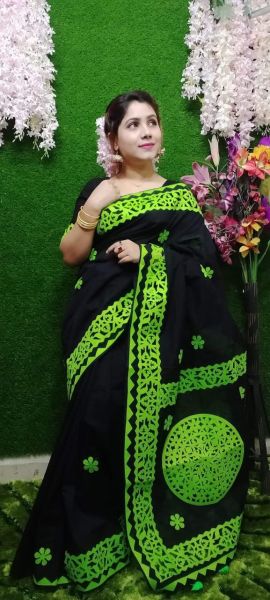 Black Green Flower Silk Cotton Saree From Bengal
