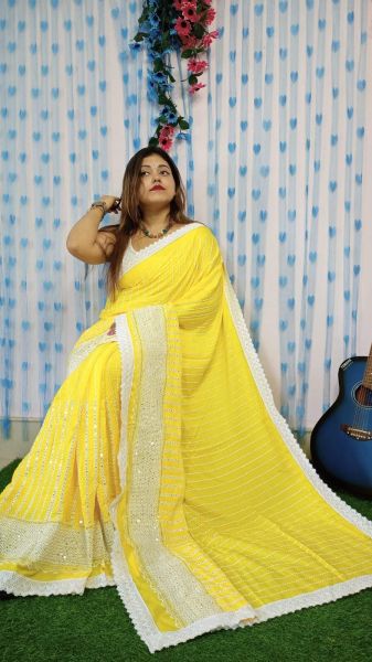 Yellow Stripes Design Pure Handloom Rayon Saree