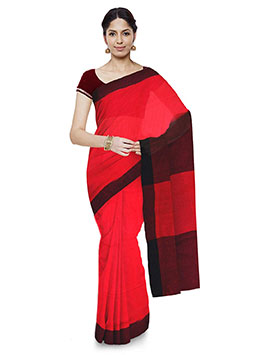 Red Plain Pure Handloom Women's Cotton From Bengal Saree