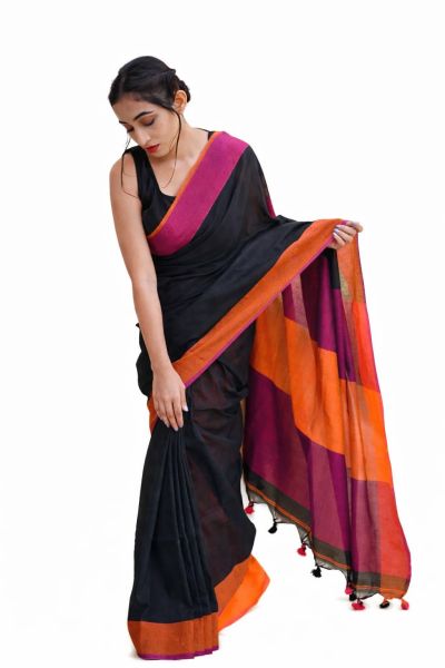 Black Pure Handloom Cotton Saree From Bengal