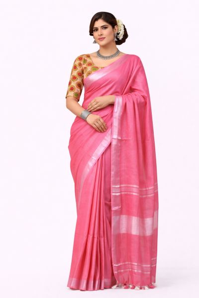 Pink Women's Graceful Pure Linen Saree–Traditional Handloom