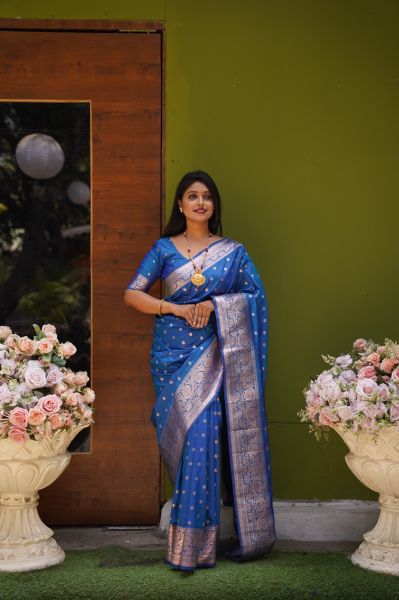 Light Blue Katan Silk Body Butta Design Saree From Bengal