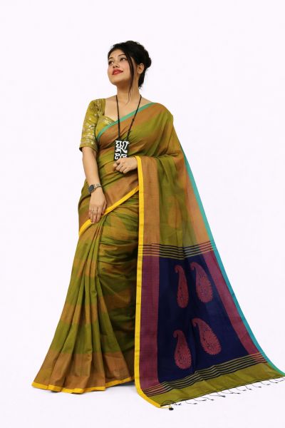 Mehandi Green Pure Handloom Silk Saree From Bengal