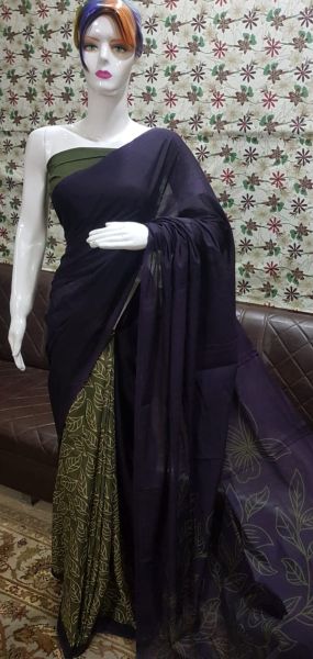 Black And Mehandi Bagru Block Print Cotton Mulmul Saree From Rajasthan