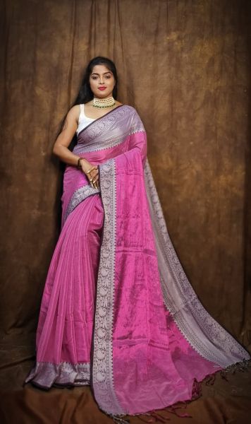 Pink Tissue Handloom Cotton Saree From Bengal