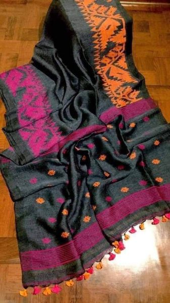 Black Butta Jamdani Linen Saree From Bengal