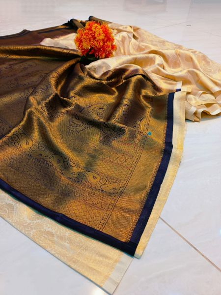 Black Cream Leaf Soft Silk Saree From Bengal