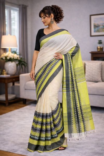 White Pure Handloom Soft Cotton Saree From Bengal