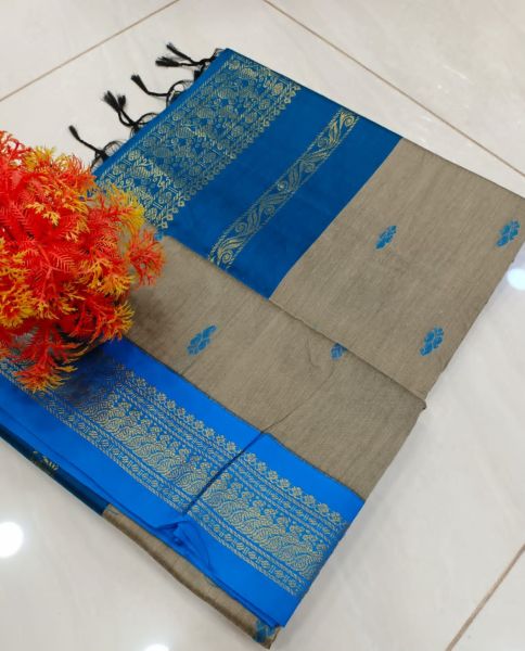 Ash Sky Blue Buti Design Pure Handloom Gadwal Silk Saree