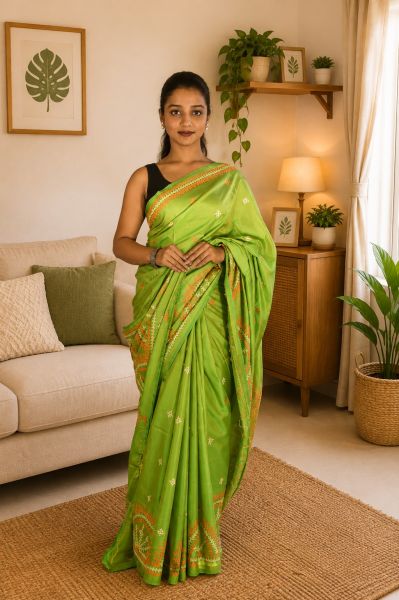 Lime Green Pure Semi Silk Kanthastitch Saree From Bengal