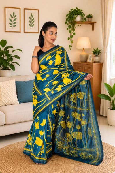 Sea Blue Pure Semi Silk Kanthastitch Saree From Bengal