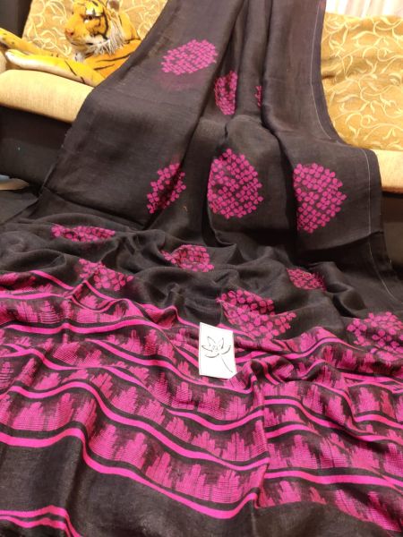 Black Pink Flower Design Pure Handloom Linen Saree