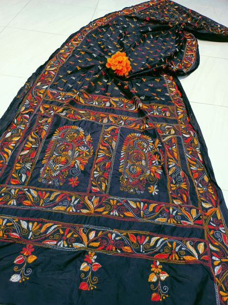 Black Kathastich Silk Saree From Bengal