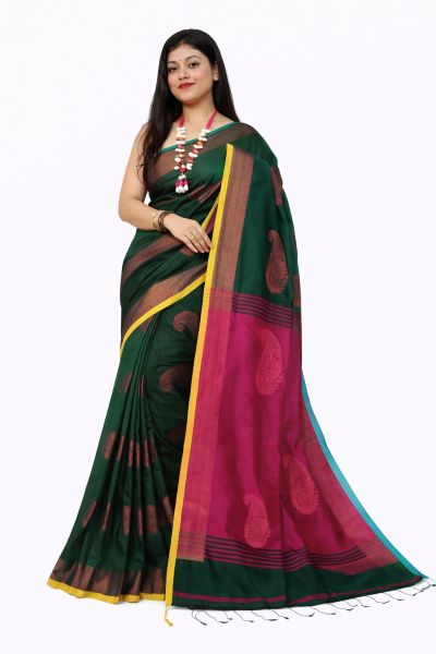 Dark Green Pure Handloom Silk Saree From Bengal