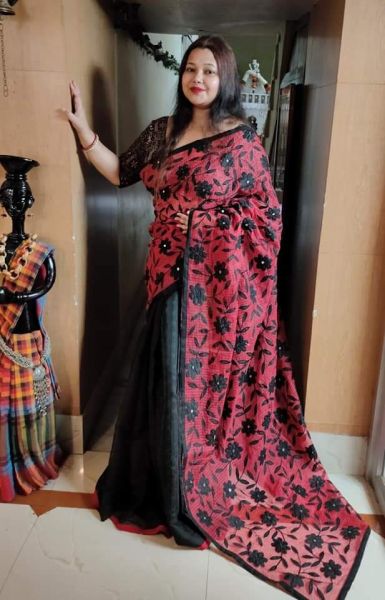 Black Pink Flower Design Pure Handloom Dhakai Jamdani Saree