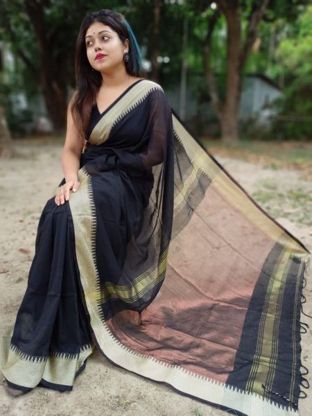 Black Plain Cotton Saree From Bengal