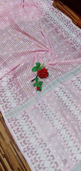 Baby Pink Checks Pure Handloom Soft Dhakai Jamdani Saree