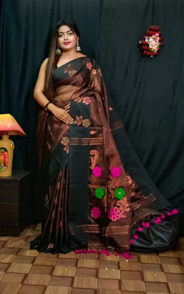 Black Brown Flower Maslin Silk Cotton Saree From Bengal