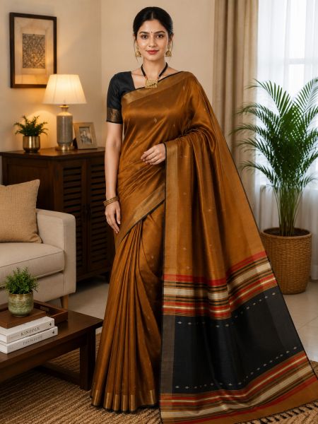 Brown Exclusive Pure Handloom Dupion Raw Silk Saree From Bhagalpur
