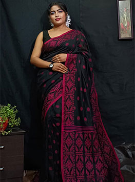 Black Butta Soft Cotton Jamdani Saree From Bengal