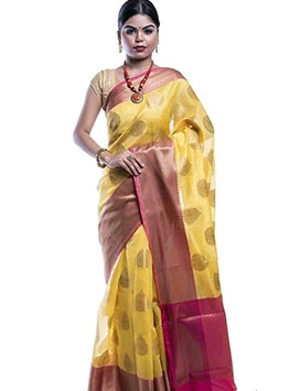 Yellow Maheshwari Silk Cotton Saree From Banaras