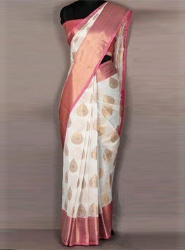 White Maheshwari Silk Cotton Saree From Banarasi