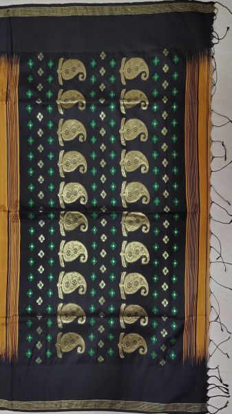 Black & Golden Brown Paisley Butta Ikkat Handloom Baha Jamdani Saree
