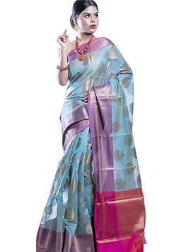Light Blue Maheshwari Silk Cotton Saree From Banarasi
