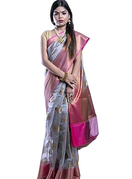 Grey Maheshwari Silk Cotton Saree From Banarasi