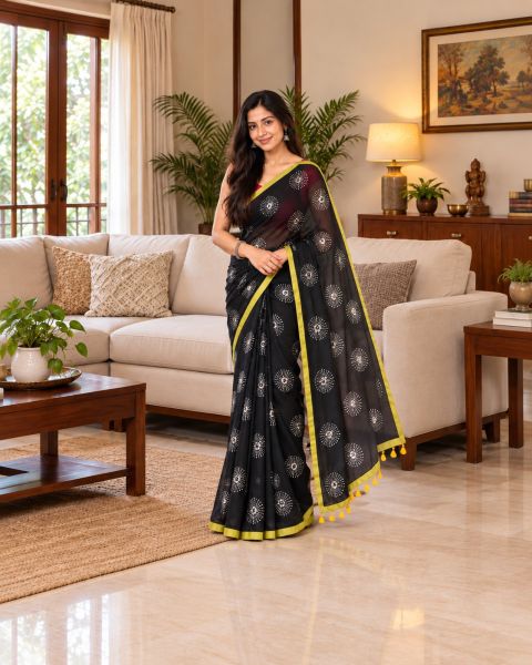 Black Pure Handloom Mulmul Cotton Saree From Bengal