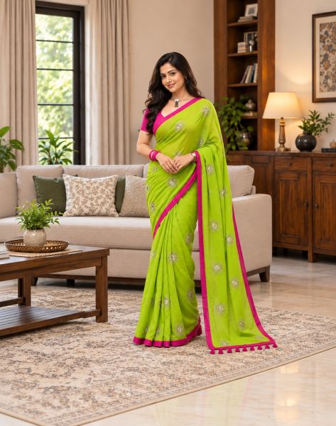 Parrot Green Pure Handloom Mulmul Cotton Saree From Bengal