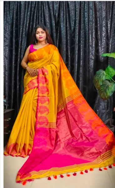 Yellow Pink Pure Handloom Tissue Cotton Saree From Bengal