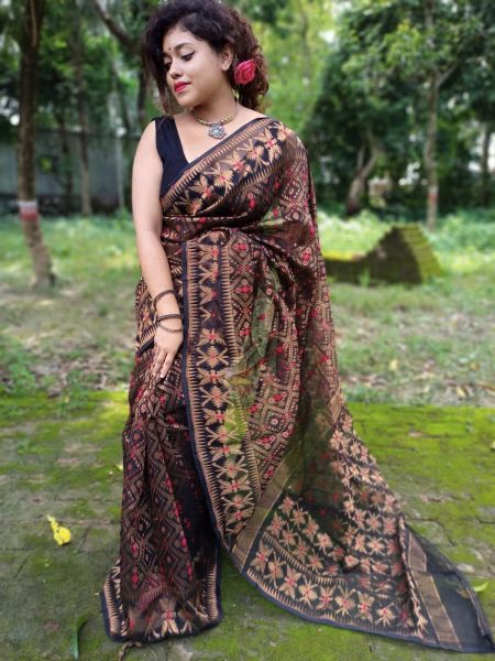 Black Butta Jamdani Cotton Saree From Bengal