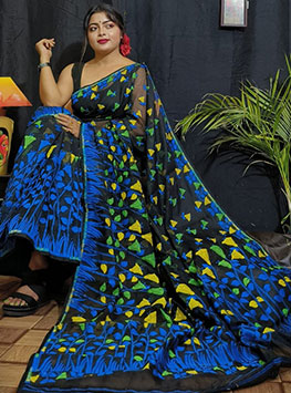 Black Blue Flower Dhakai Jamdani Cotton Silk Saree From Bengal