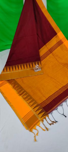 Maroon Yellow Temple Zari Work Cotton Silk Saree From Bangal