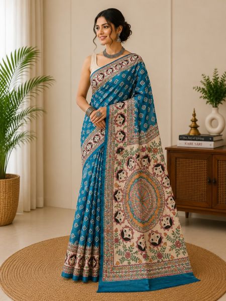 Blue Pure Handloom Madhubani Tassar Silk Saree Authentic Art Weave