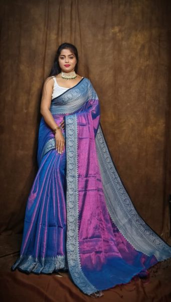 Blue Pink Tissue Handloom Cotton Saree From Bengal